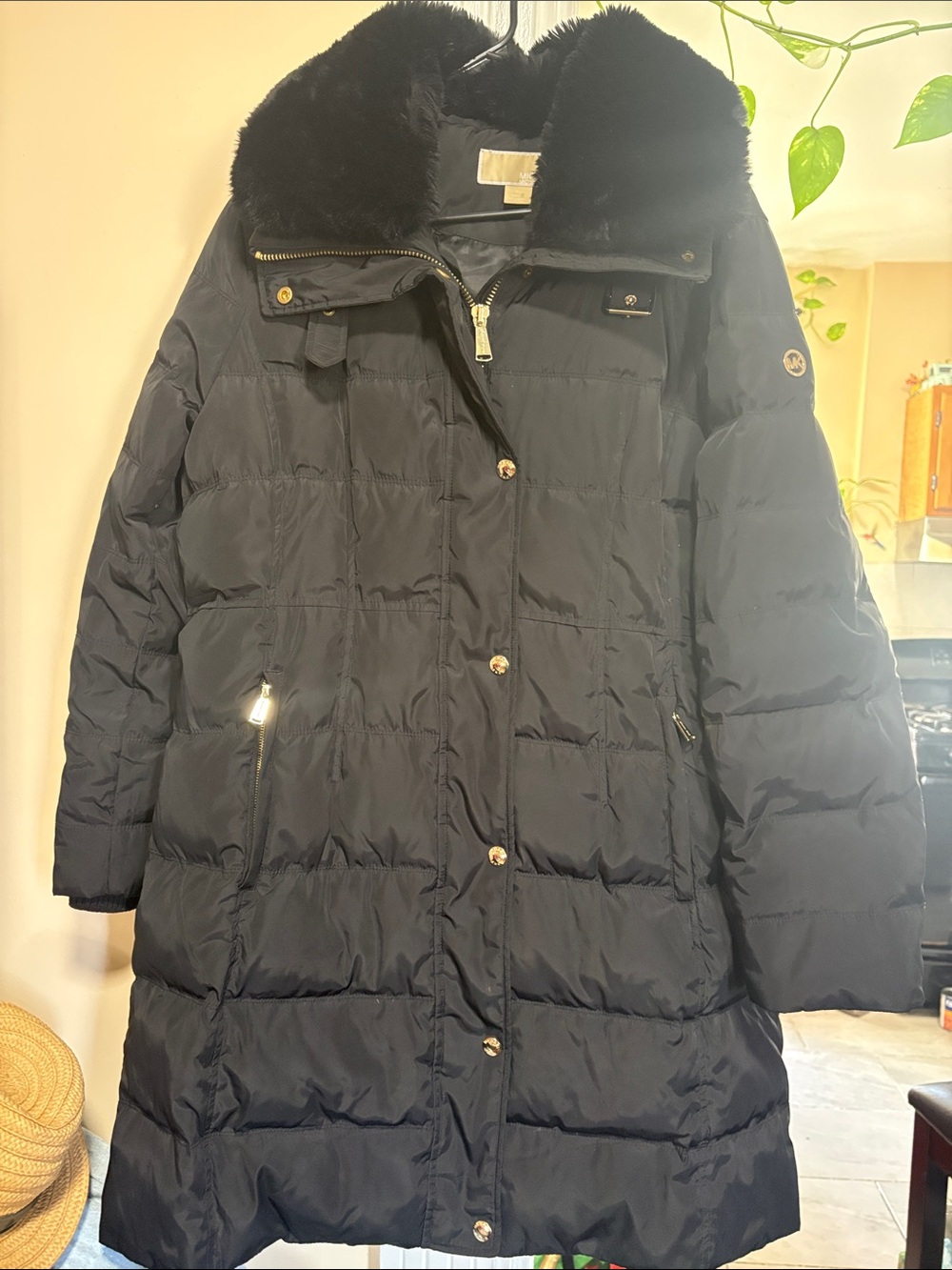 Michael Kors Black Quilted Long Puffer Coat with Faux Fur Trim